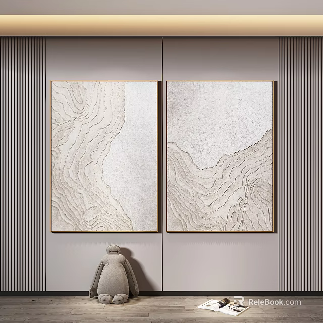 Abstract Wave Pattern Wall Art In Beige Brown Tones With Gold Frame And Light Background 3d model