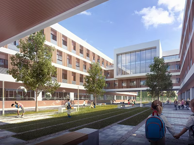 Modern School Building With Red Brick White Exterior Glass Wall Central Courtyard Students Walking Trees And Lawns 3d model