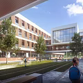 Modern School Building With Red Brick White Exterior Glass Wall Central Courtyard Students Walking Trees And Lawns