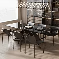 Modern Black Dining Table Set With Glass Top Black Chairs Hanging Light And Glass Cabinet