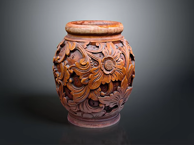 Decorative Brown Ceramic Pottery Jar With Intricate Carved Floral Patterns 3d model