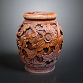 Decorative Brown Ceramic Pottery Jar With Intricate Carved Floral Patterns
