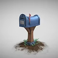Blue Mailbox With Red Flag On Wooden Post Surrounded By Dirt And Grass