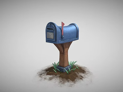 Blue Mailbox With Red Flag On Wooden Post Surrounded By Dirt And Grass 3d model