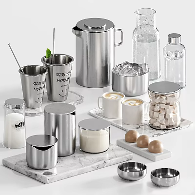 Stainless Steel Kitchenware With Mugs Coffee Cups And Storage Jars 3d model
