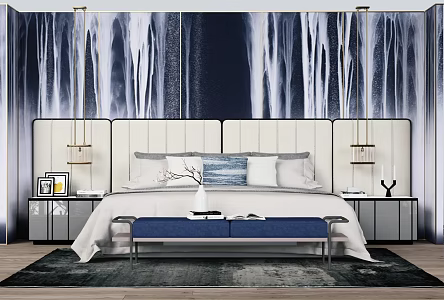 New Chinese background double bed double bedside table combination 3d model