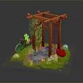 Wooden Garden Pergola With Green Vines Pink Bicycle And Red Basket