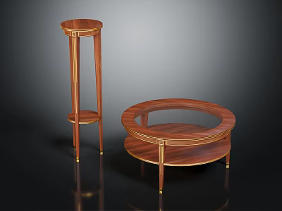 Elegant Wooden Plant Stand With Round Tabletop And Gold Accent Design Details 3d model