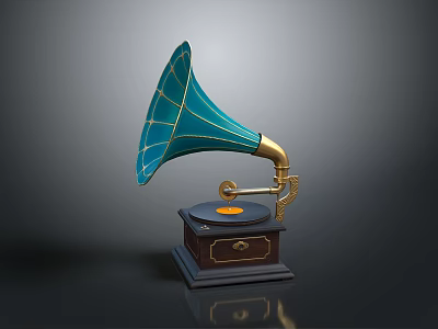 Vintage Electronic Gramophone With Green Horn Golden Parts Black Base And Turntable 3d model