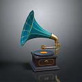Vintage Electronic Gramophone With Green Horn Golden Parts Black Base And Turntable