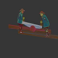 Two People In Blue Clothing With Hats Sawing Wooden Plank On Supports
