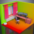 Home Office Interior With Green Yellow Walls Pink Curtains Dual Monitors And Orange Red Floor