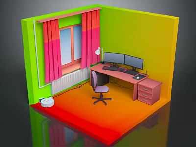 Home Office Interior With Green Yellow Walls Pink Curtains Dual Monitors And Orange Red Floor 3d model