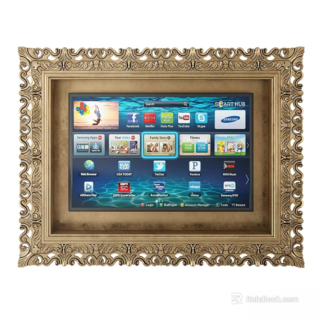 Elegant TV Background Wall with Golden Ornate Frame and Smart TV Interface 3d model 