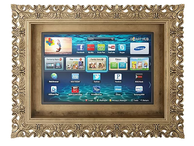 Elegant TV Background Wall with Golden Ornate Frame and Smart TV Interface 3d model