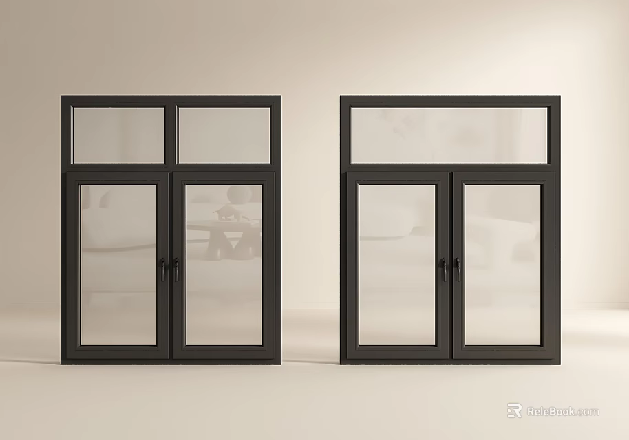 Modern Twin Casement Windows Design With Black Frame And Clear Glass Panels 3d model 