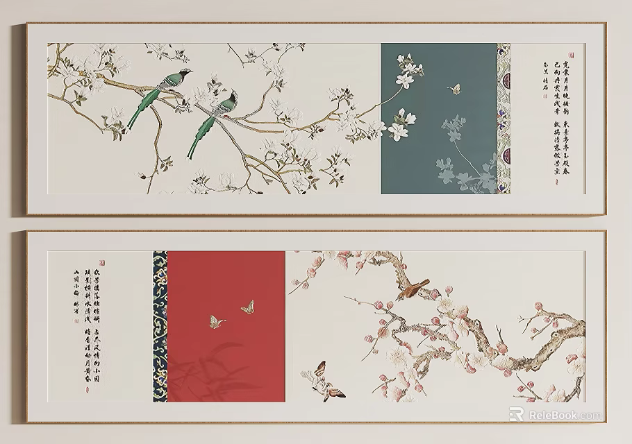 Traditional Chinese Flower Bird Paintings With Blossoms Birds Calligraphy And Borders 3d model 
