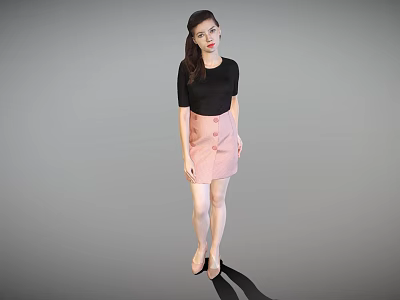 Elegant Woman In Black Top And Pink Plaid Skirt With High Heels 3d model