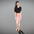 Elegant Woman In Black Top And Pink Plaid Skirt With High Heels