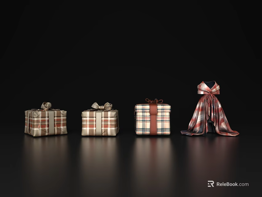 Plaid Pattern Gift Boxes with Elegant Bows and Reflection on Black Surface 3d model