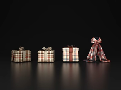Plaid Pattern Gift Boxes with Elegant Bows and Reflection on Black Surface 3d model