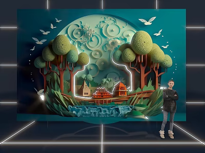 Photo Spot With Enchanted Forest Cabin Birds And Art Installation 3d model