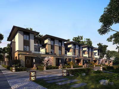 Modern Townhouse Row Exterior With Lush Greenery Trees And Courtyard Design 3d model