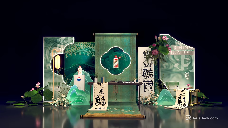 Chinese Style Interactive Area With Scrolls Lotus Flowers And Oolong Tea 3d model 