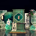 Chinese Style Interactive Area With Scrolls Lotus Flowers And Oolong Tea 3d model