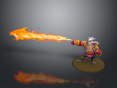 Creature Character In Armor With Helmet Shooting Flame And Shield On Base 3d model