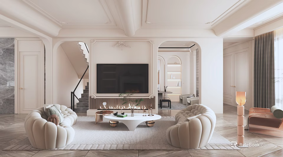 Duplex Living Room Interior With Decorative Ceiling Staircase Fireplace Beige Sofas And Large TV 3d model