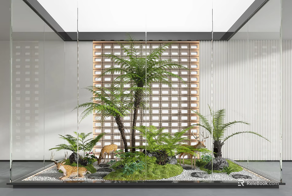Lush Natural Indoor Landscape With Ferns Palm Trees Deer Figurines Stones And Wooden Lattice 3d model 