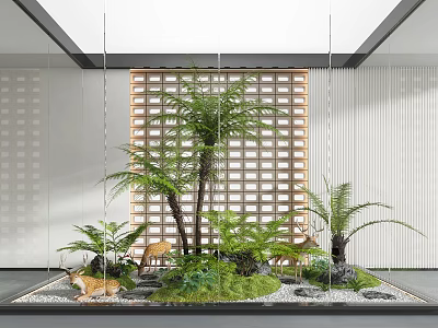 Lush Natural Indoor Landscape With Ferns Palm Trees Deer Figurines Stones And Wooden Lattice 3d model
