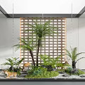 Lush Natural Indoor Landscape With Ferns Palm Trees Deer Figurines Stones And Wooden Lattice
