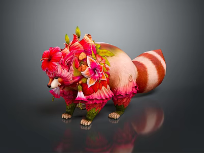 Fantasy Game Movie Character Raccoon With Red Pink Flowers Green Leaves And Striped Tail 3d model