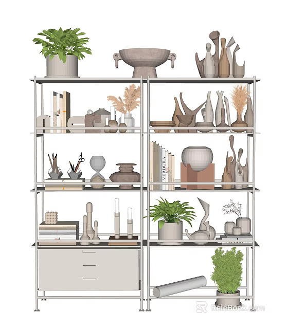 Modern Multilayer Shelving Unit with Plants Books Sculptures and Ornaments for Home 3d model 