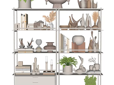 Modern Multilayer Shelving Unit with Plants Books Sculptures and Ornaments for Home 3d model