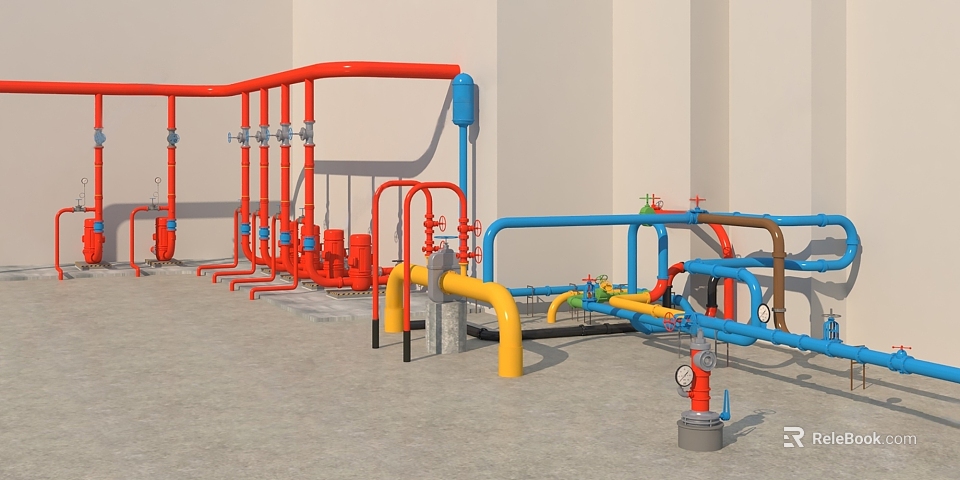 Colorful Industrial Pipes With Red Blue Yellow Valves In Facility Installation 3d model 