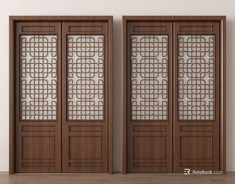 Classic Interior Wooden Doors Featuring Intricate Carved Lattice Windows Design 3d model 