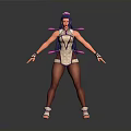 3D Character Model With Purple Hair Decorative Outfit Extended Arms And Colorful Accessories