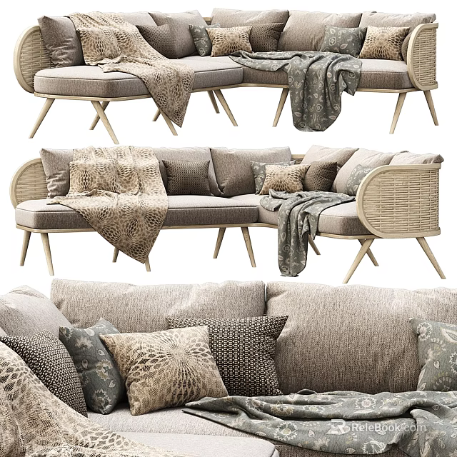 Neutral Toned Two Seater Sofa With Woven Armrests Wooden Legs And Decorative Pillows 3d model 