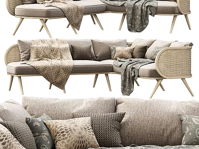 Neutral Toned Two Seater Sofa With Woven Armrests Wooden Legs And Decorative Pillows 3d model
