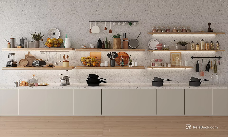 Kitchen Utensils Pots And Spice Jars On Open Shelves With White Cabinets 3d model 