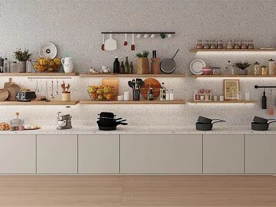 Kitchen Utensils Pots And Spice Jars On Open Shelves With White Cabinets 3d model