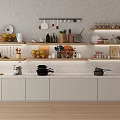 Kitchen Utensils Pots And Spice Jars On Open Shelves With White Cabinets