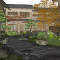 Japanese Courtyard Garden With Stone Path Maple Trees Autumn Leaves Stone Lantern And Greenery