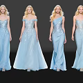 Multiple Models Wearing Light Blue Sequined Gowns Posing On Dark Runway