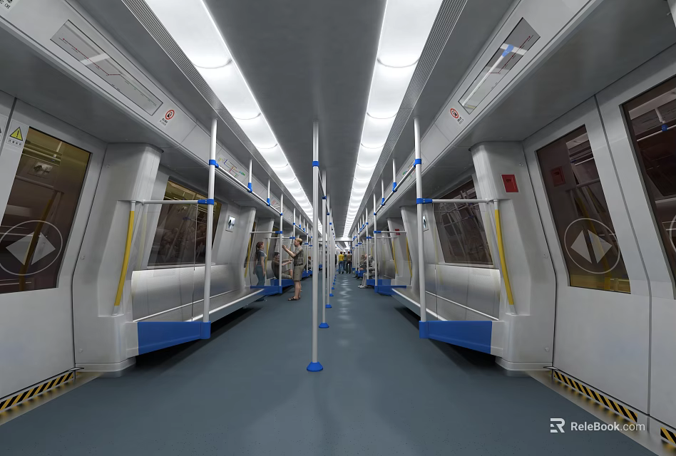 Modern Subway Station Car Interior Design With Blue Seats Handrails And Passengers 3d model 