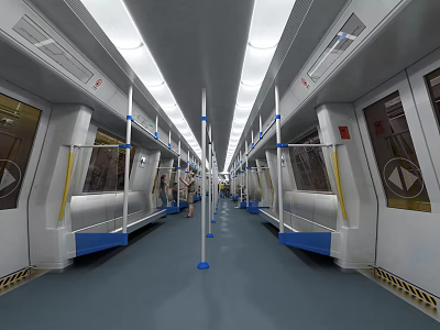 Modern Subway Station Car Interior Design With Blue Seats Handrails And Passengers 3d model