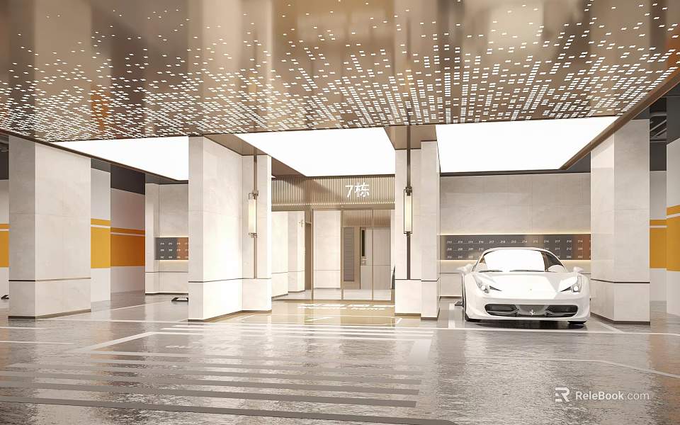 Spacious 7th Floor Parking Garage Featuring White Sports Car And Marble Walls 3d model 